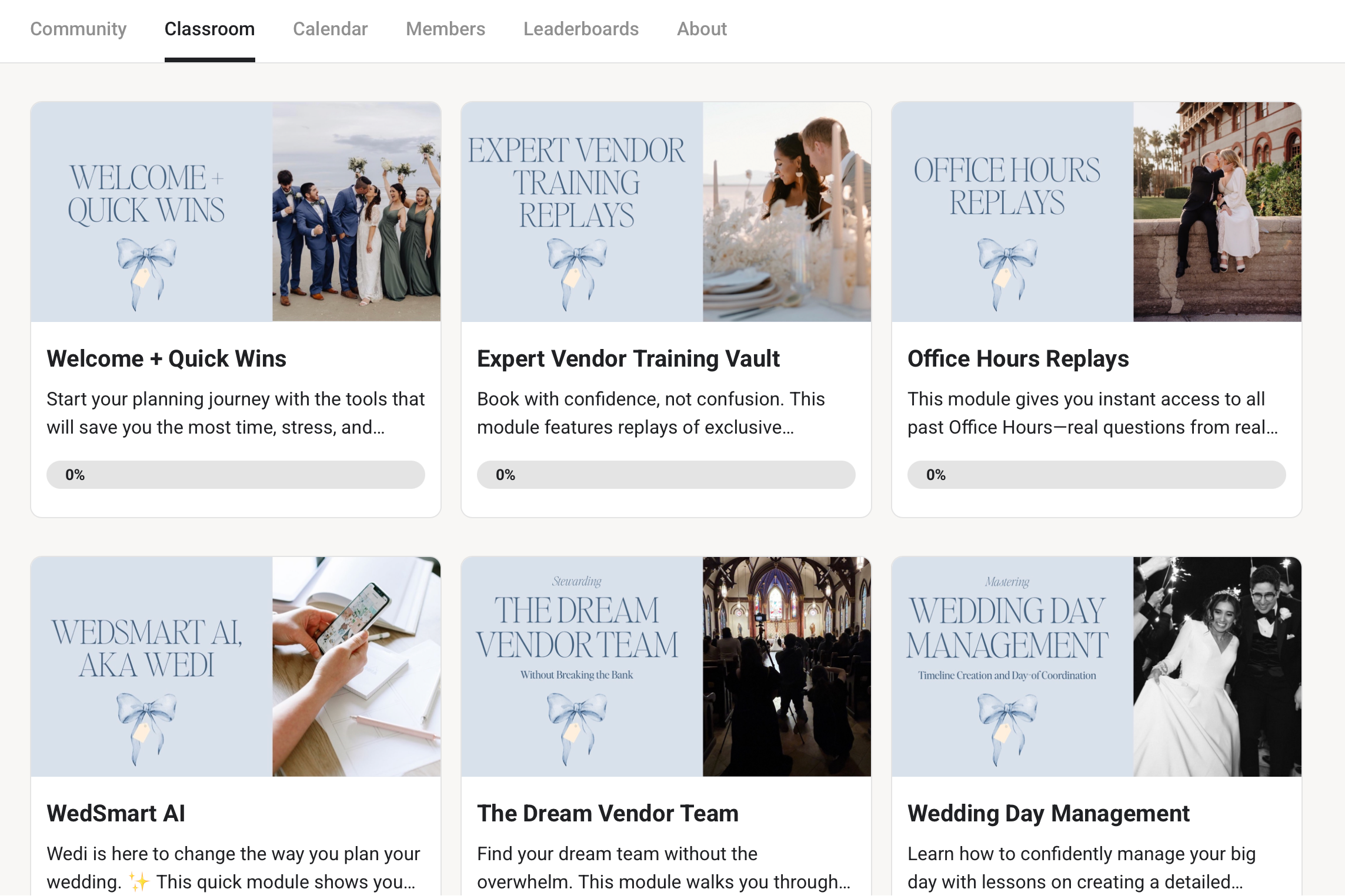 Website interface with various modules and sections on a white background